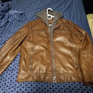Guess Brown Leather Jacket with Sweatshirt Hoodie